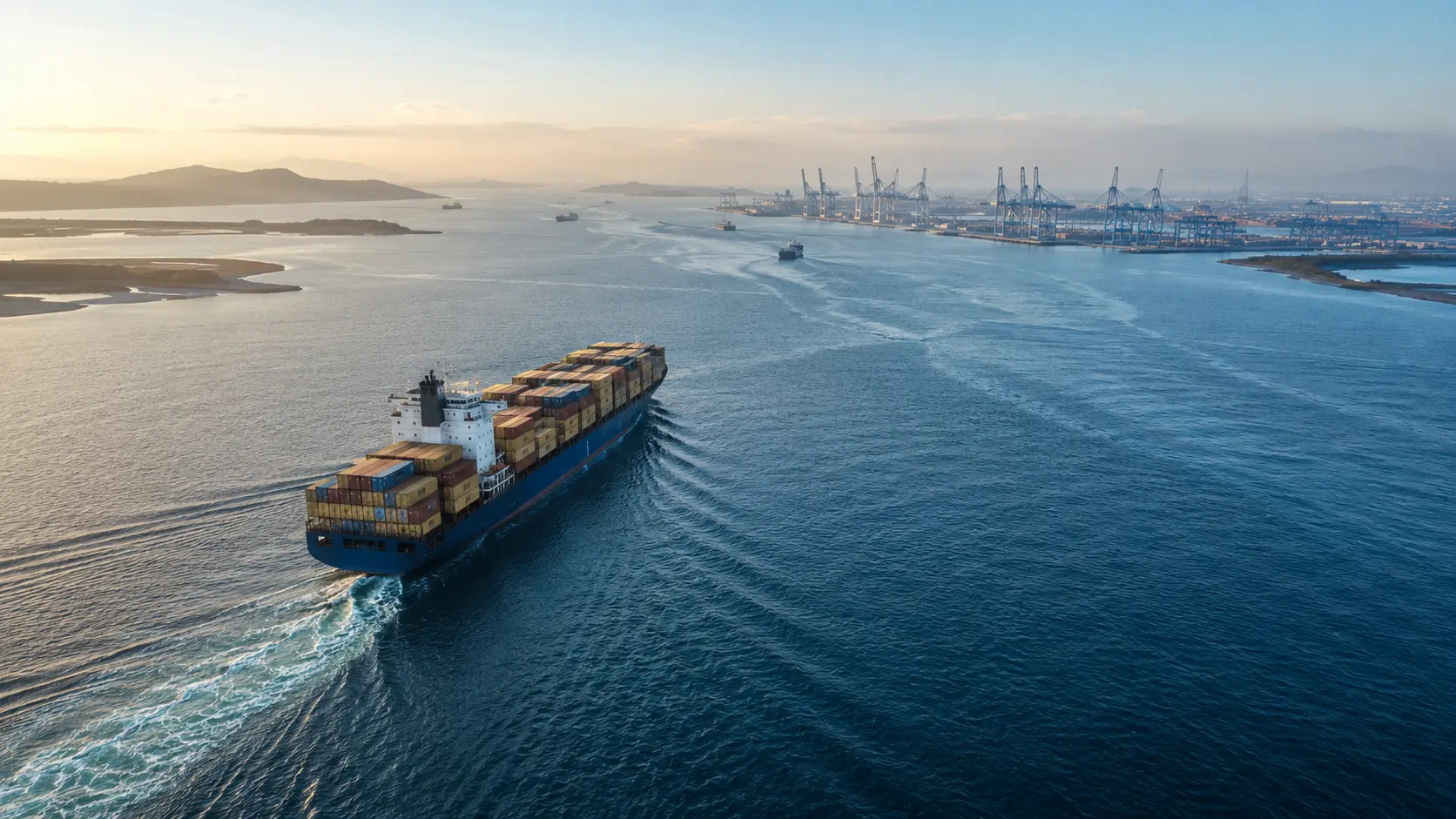 Container ship approaching a strategic maritime port network